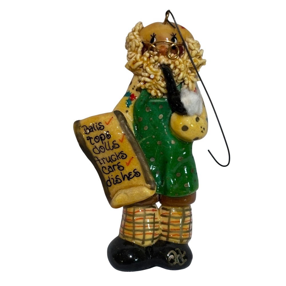 Vintage 1988 Handcrafted Ceramic Santa Claus Ornament Gift List 5" folk art